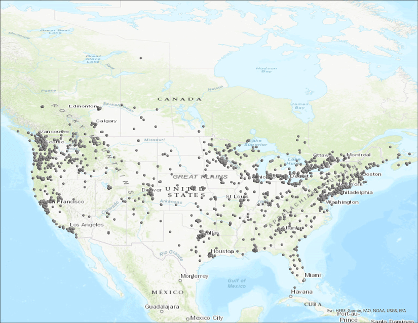A map showing the number and location of bumble bee observations submitted to Bumble Bee Watch from 2014 to 2020