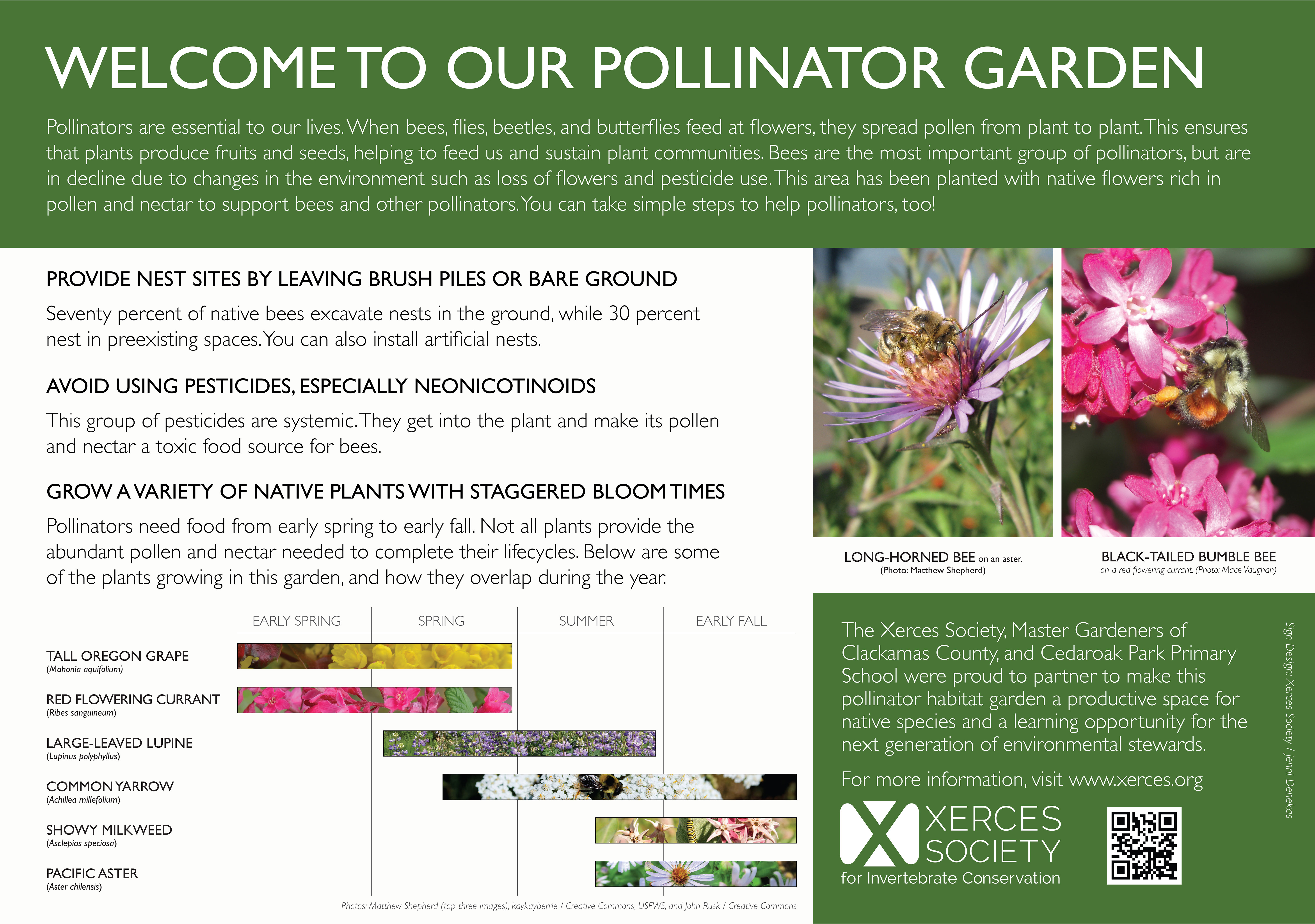 An interpretive panel welcomes visitors to a pollinator garden and provides tips on gardening for pollinators.