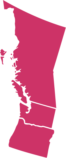 A map showing the Pacific Northwest Region: British Columbia, Washington, and Oregon. The map is dark pink/magenta.