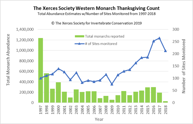 A graph shows that, although the amount of overwintering sites being monitored has increased in the past eleven years, the amount of monarchs observed during that time has dropped significantly.