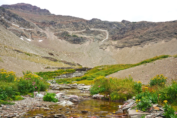 A cold mountain stream drains a high-altitude valley in Glacier National Park, Montana montana