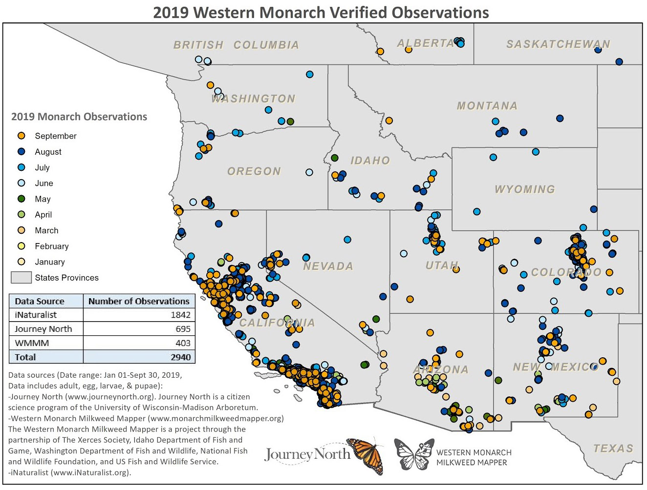 Map of the western United States and southern Canada showing locations of monarch observations during 2019.