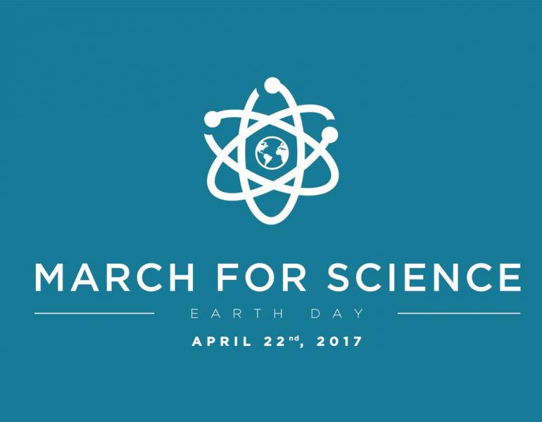 The March for Science logo, modeled after an atom, is shown.