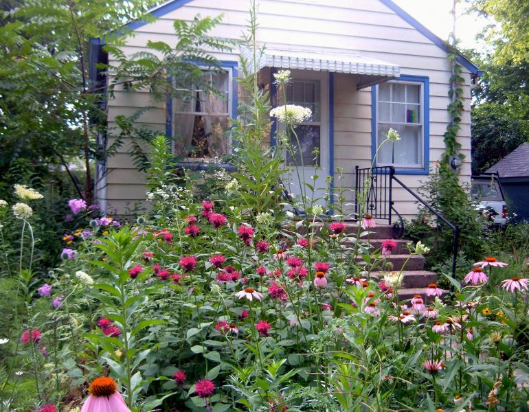A small house with light paint and bright blue trim is dwarfed by the lush garden in the foreground, featuring flowers of a variety of shapes, sizes, and colors.
