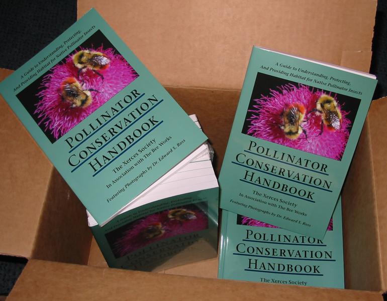 A brown cardboard box has been opened to show the contents, bundles of newly printed books. The books are a gray-green color, with a photograph that shows two yellow and orange bumble bees on a pink flower.