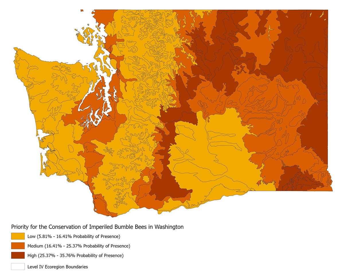 Map of Washington state showing the probability that the focal bumble bees are present in those regions. High probability translates to high conservation priority. Highest priority areas tend to be toward the eastern part of the state, with some variation.