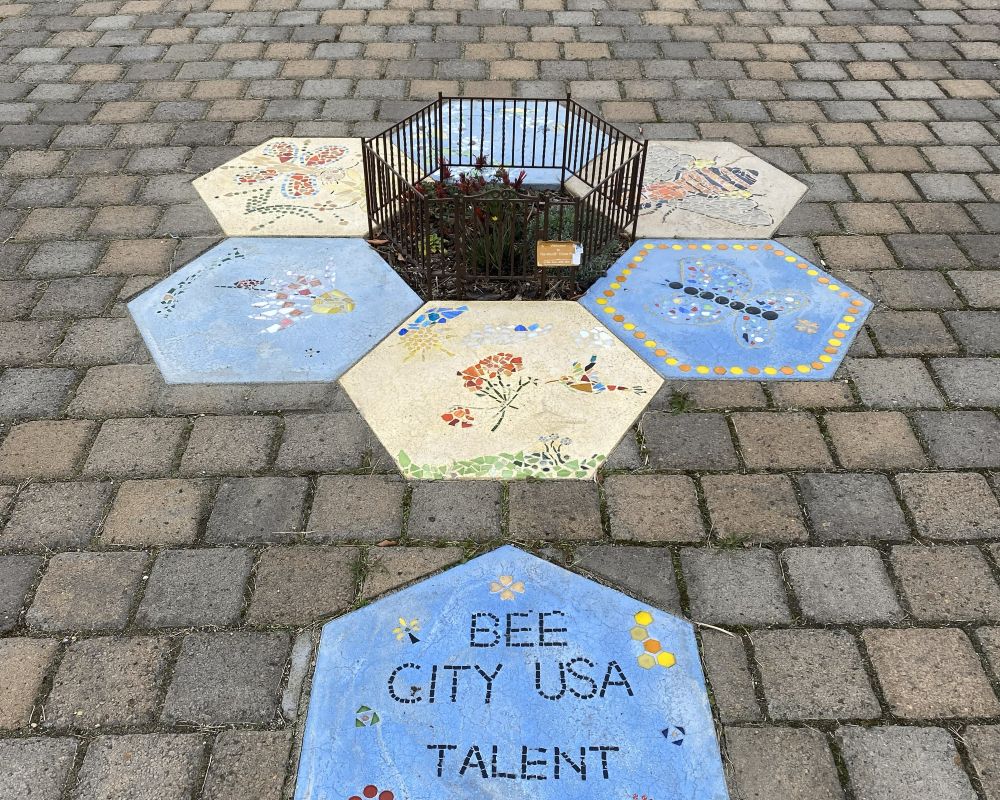Hexagonal mosaic tiles featuring flowers and insects frame a small, hexagonal fence with flowers growing inside.
