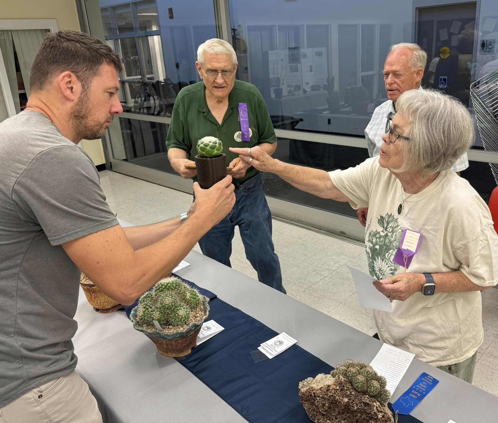 3 judges view a man's potted cactus at a show