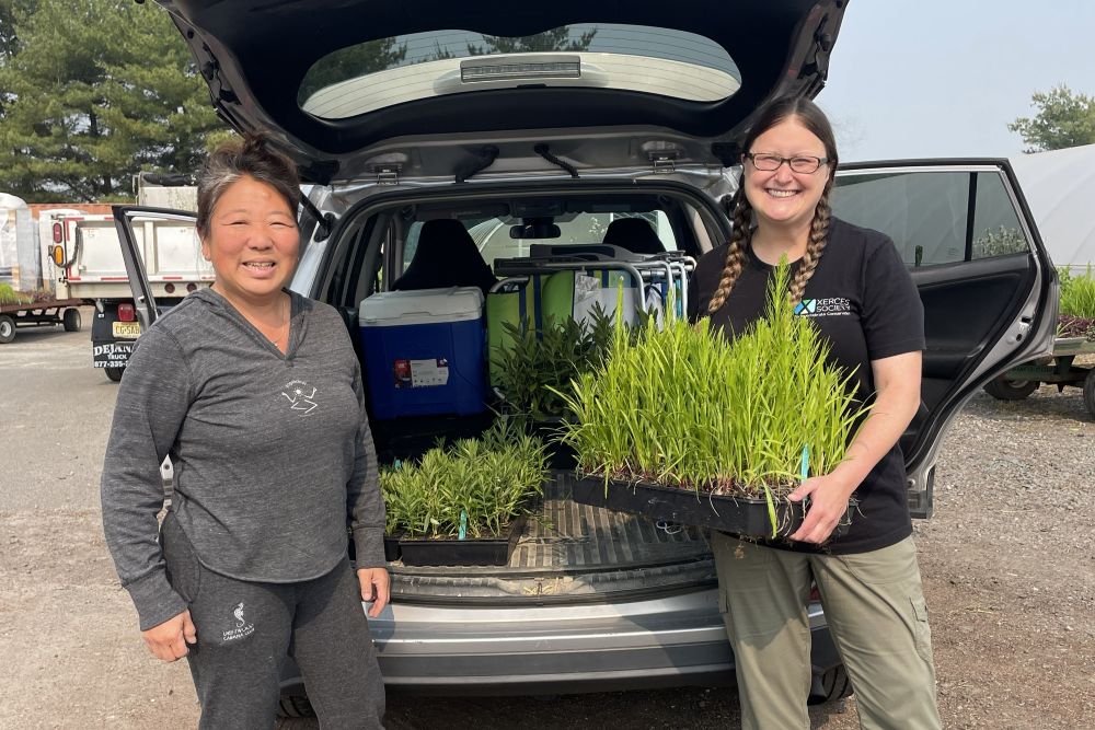 two women smile loading native plants into the trunk of a car