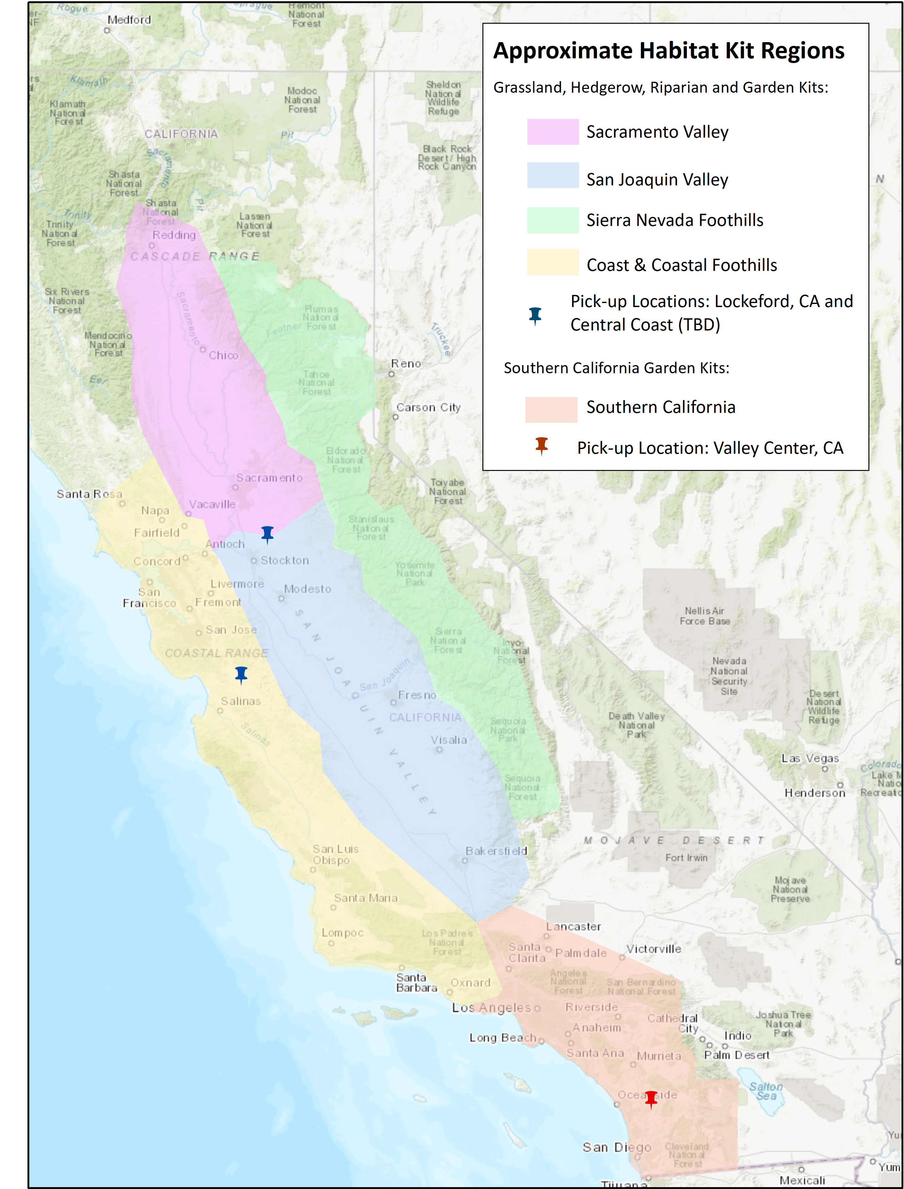 "Map of habitat kit regions in California, showing sites in the Sacramento, San Joaquin, Sierra Nevada Foothills, and Coast and Coastal Foothills regions, as well as Southern CA. Map includes pick-up sites in Lockeford, CA and Valley Center, CA. "