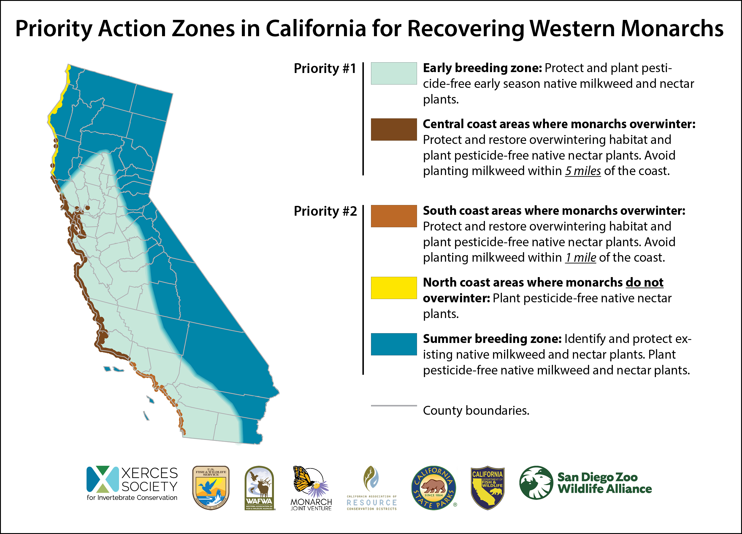 Map of western monarch call to action priority zones, with high priority placed on coastal overwintering sites and early breeding zones several hundred miles east and north of the coast. 