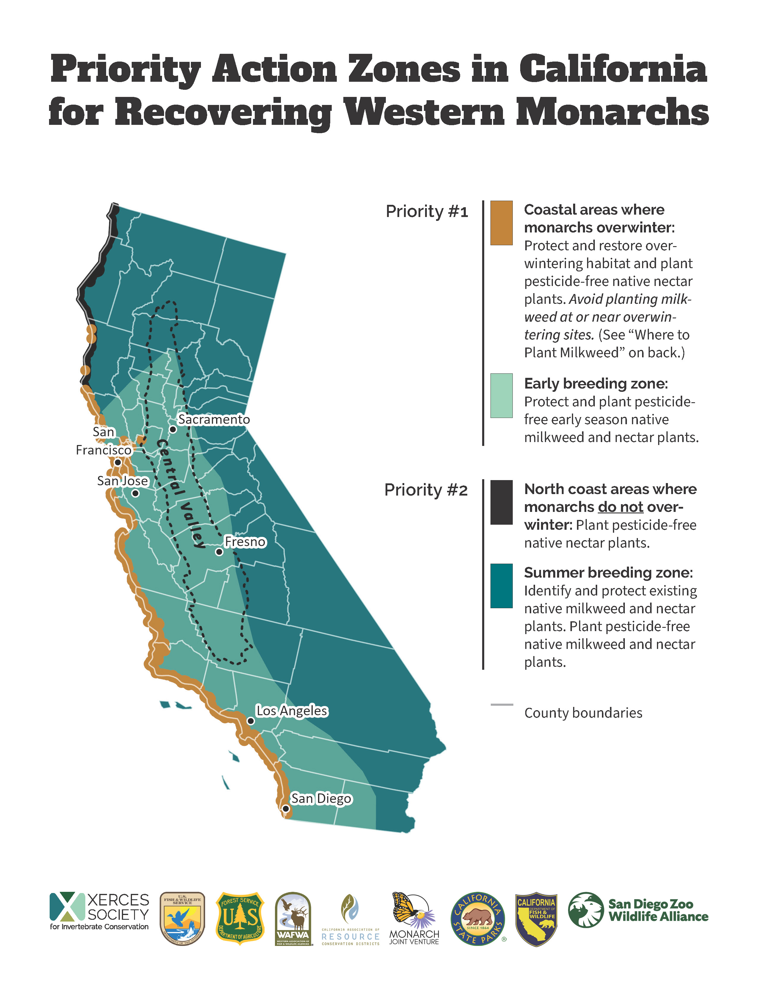 Priority Action Zones in California for Recovering Western Monarchs map