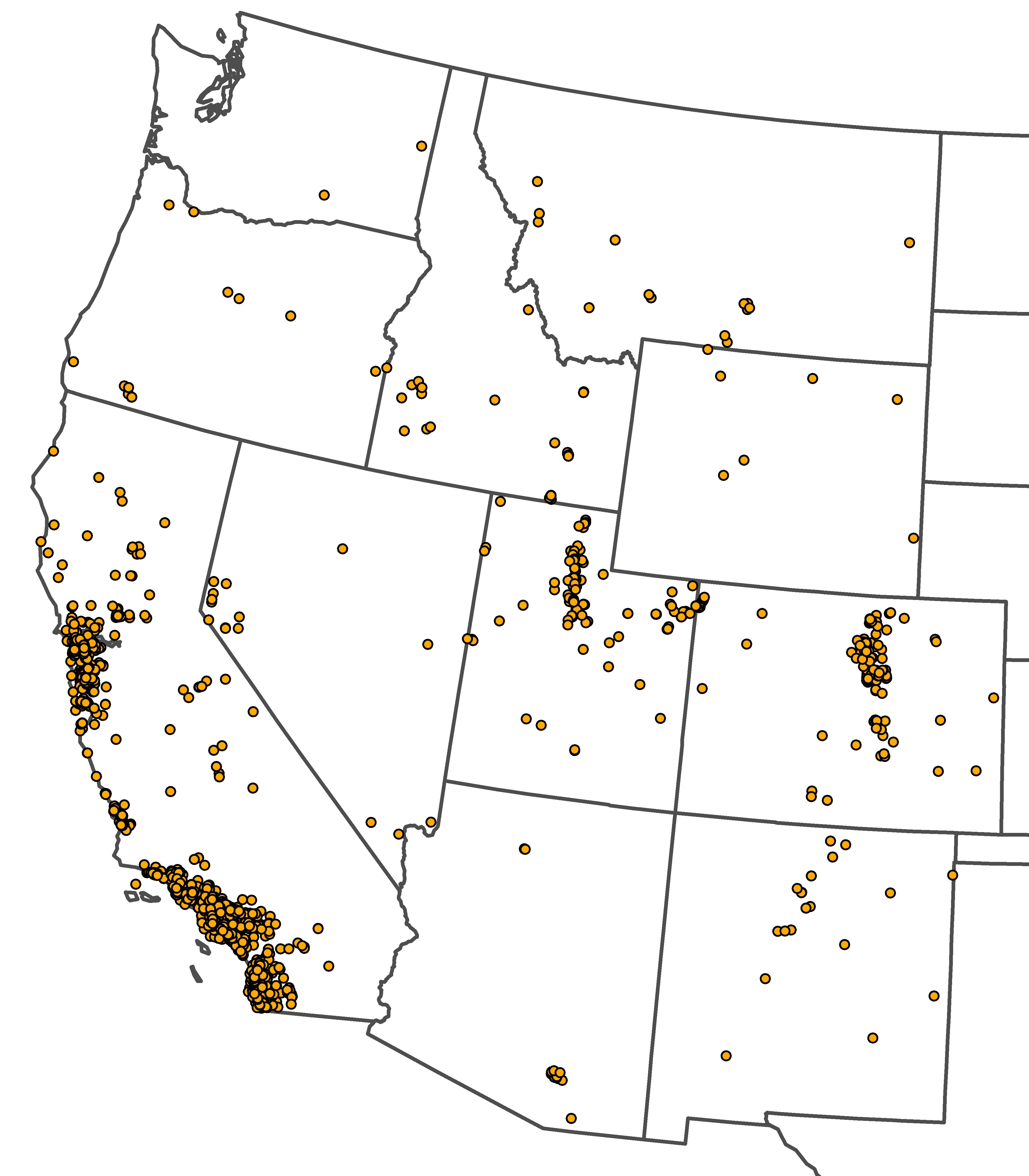 On a map of the western United States, the locations of monarch butterfly sightings during the summer of 2020 are marked with orange dots