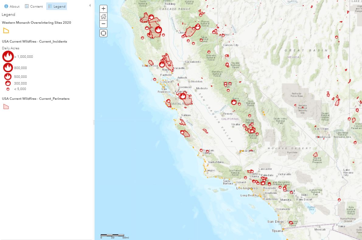 A map of California shows the locations of monarch butterfly overwintering sites and the extent of wildfires