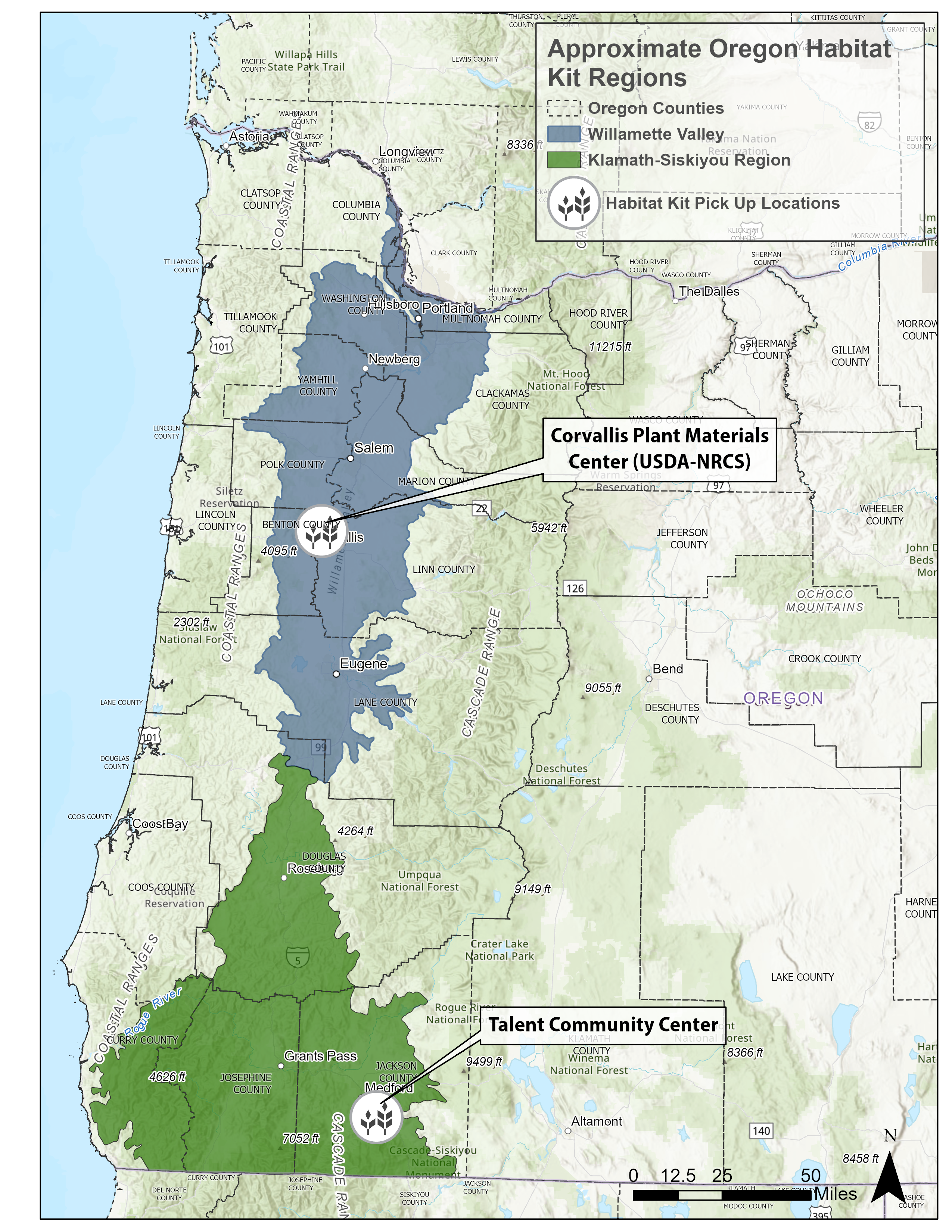 "Oregon Habitat kit regions showing the Willamette Valley and the Klamath-Siskiyou region of SW Oregon. Also shown is the Willamette Valley kit pick up location at the NRCS Plant Materials Center in Corvallis"