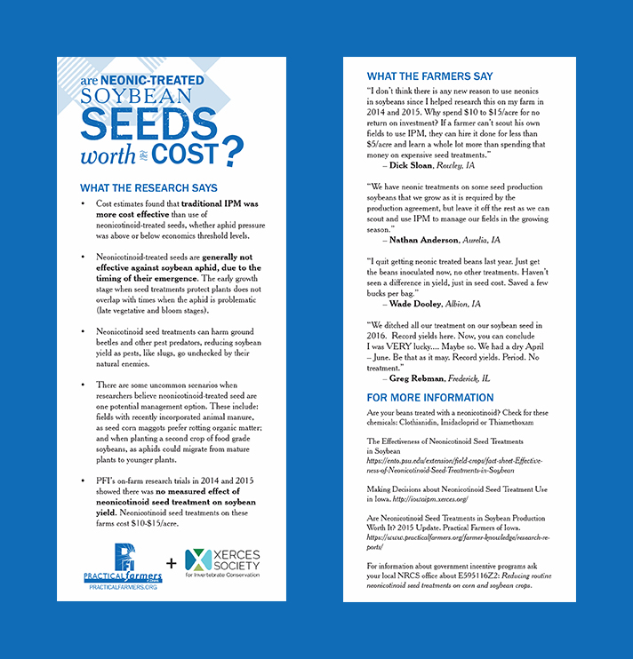 A double-sided bookmark asks, "Are neonic-treated soybean seeds worth the cost?"