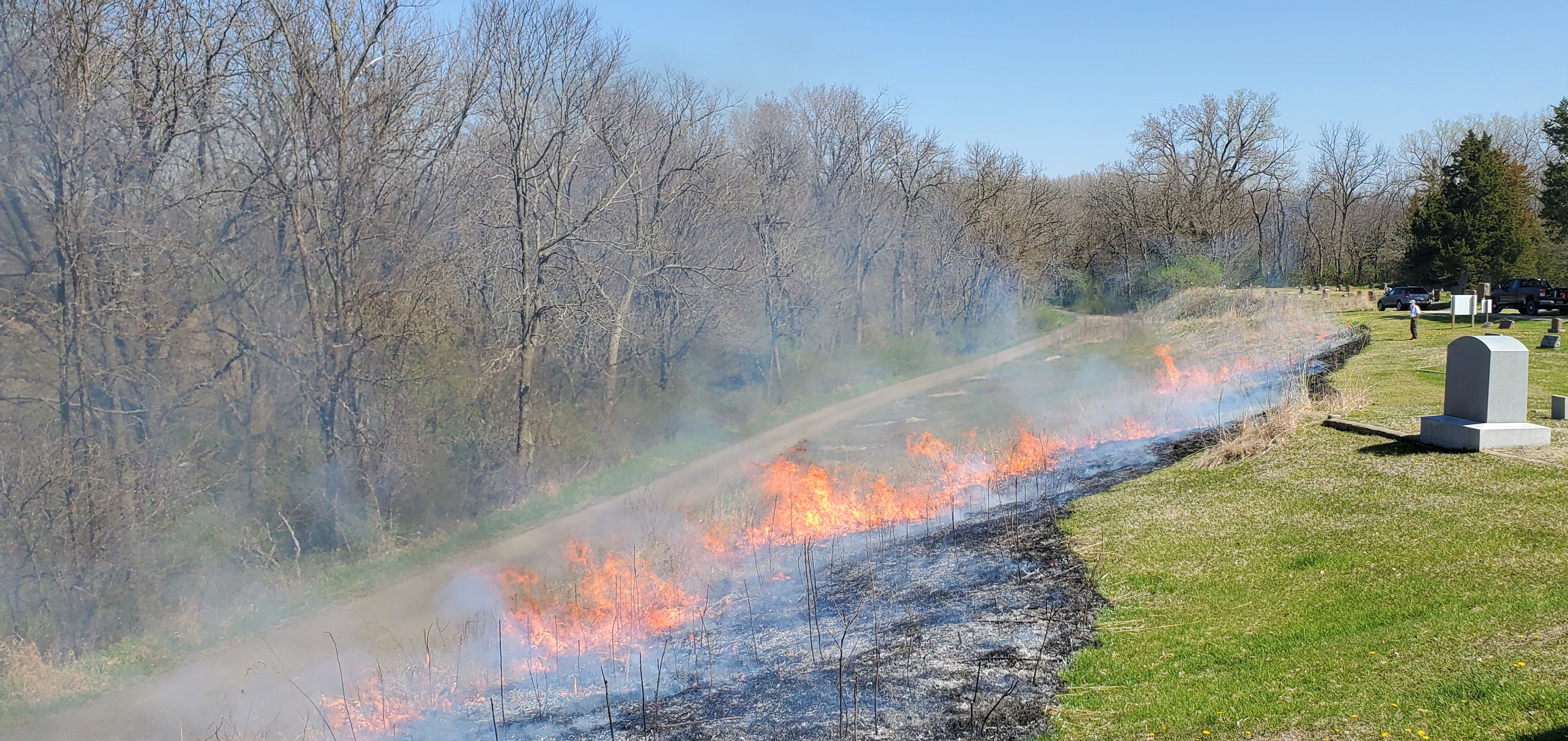 A line of flames marks the steady advance of a managed fire used to restore prairie