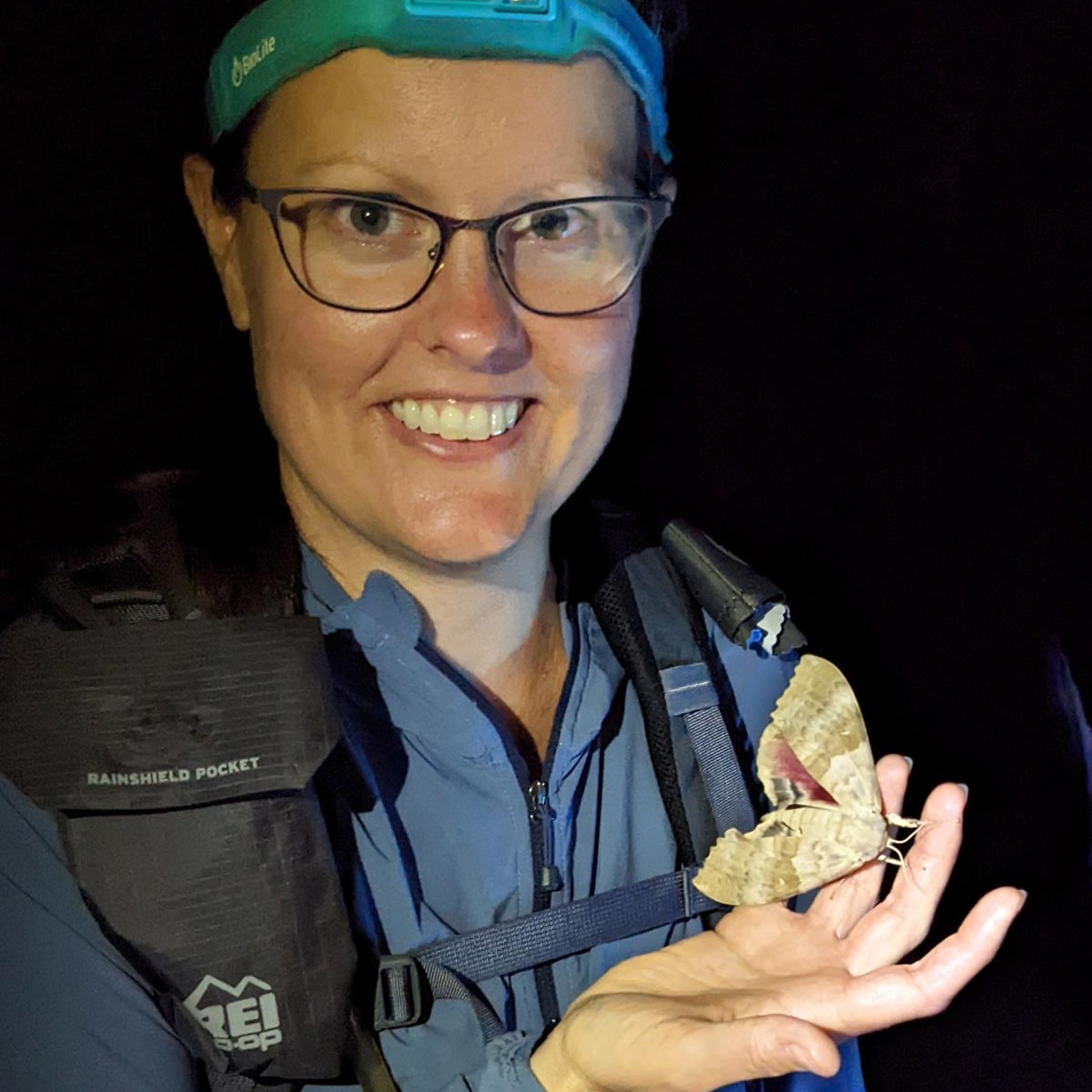 Person wearing a headlamp and outdoor gear holds a large moth on their hand at night