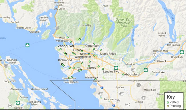 This map shows a growing cluster of reported sightings of B. impatiens in Vancouver, British Columbia – far outside the native range of the species.