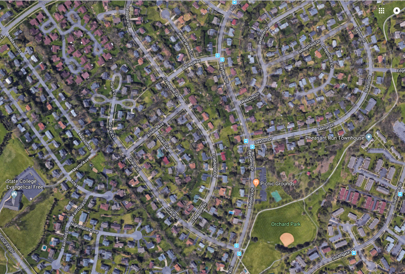 A screenshot of Google maps shows street names that include Wheatfield Drive, Orchard Park, and more, in a suburb's meandering streets.