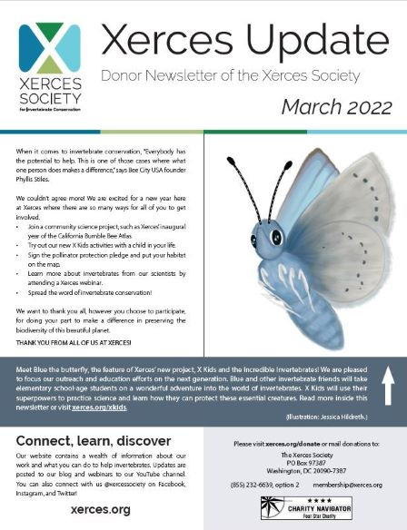 The cover of a Xerces Update is shown with a blue butterfly cartoon illustration.