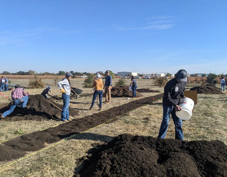 Volunteers apply cardboard, compost, and mulch to the ground to prepare for habitat restoration at a vineyard