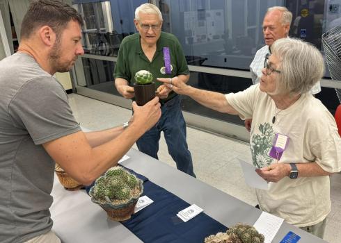 A man holds a potted cactus for 3 judges to view at a plant show and sale