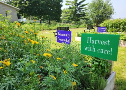 A garden with flowers and vegetables, with signs saying "Harvest with Care" and "Community/ Communidad"