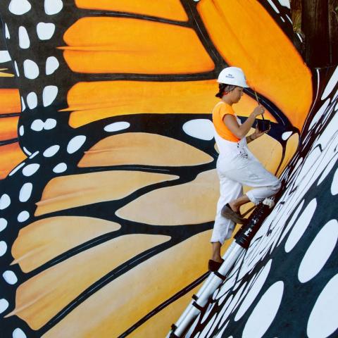 Artist Jane Kim, wearing overalls and a hard hat, stands on a ladder painting a monarch wing mural
